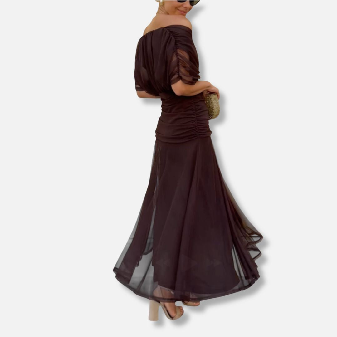Elegant dress in dark brown with draped V-neckline and sheer puff sleeves
