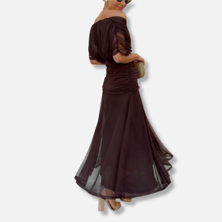Elegant dress in dark brown with draped V-neckline and sheer puff sleeves