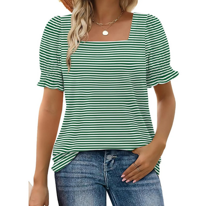 Women’s striped ruffle-sleeve top, green and white horizontal stripes