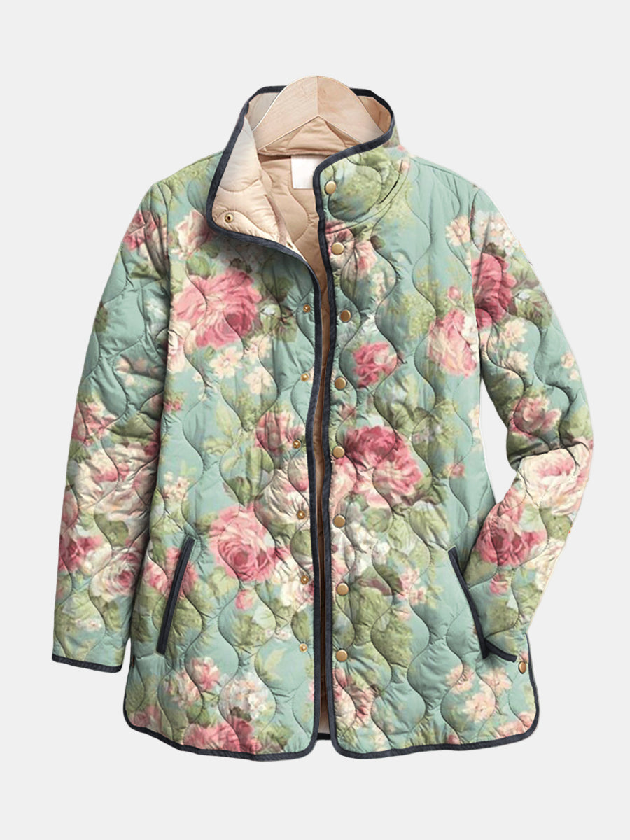 Floral quilted jacket with stand collar, button front, teal base and pink rose prints