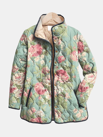 Floral quilted jacket with stand collar, button front, teal base and pink rose prints