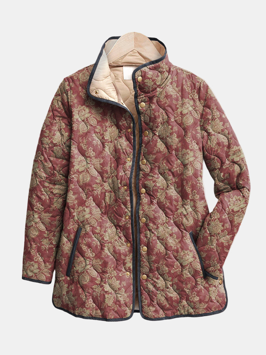 Maroon floral print jacket with quilted lining, front buttons, navy trim