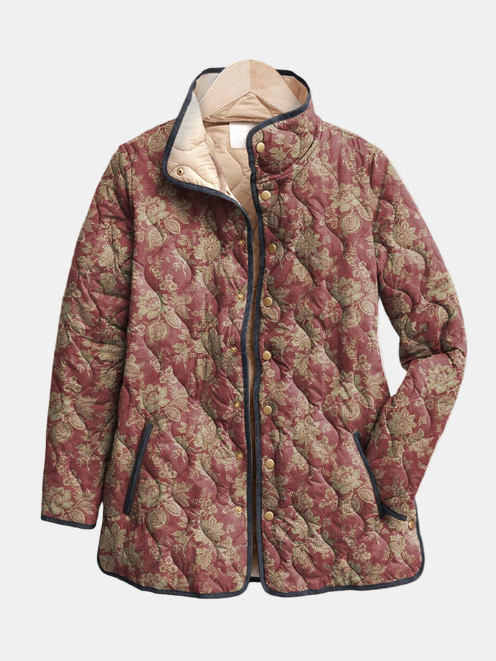 Maroon floral print jacket with quilted lining, front buttons, navy trim