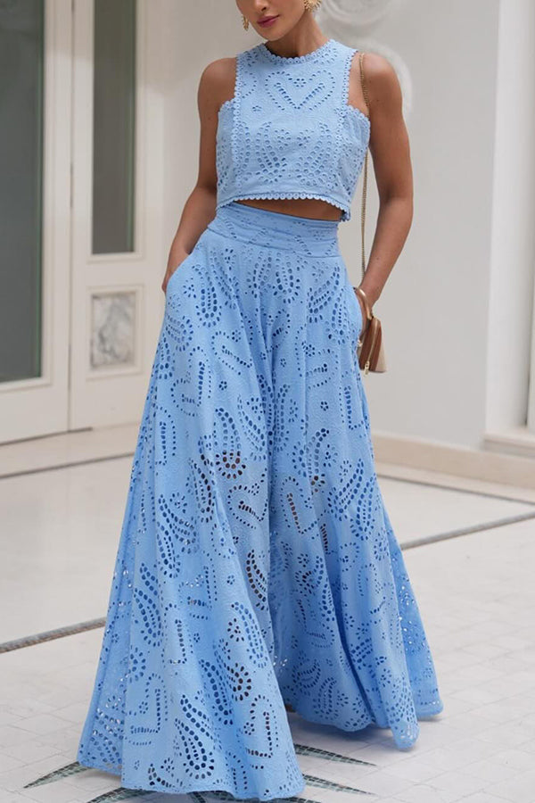 Blue embroidered sleeveless crop top and high-waist maxi skirt set with scalloped hem