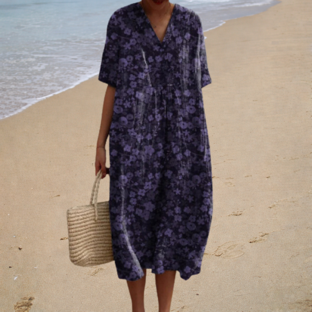 Floral summer dress with V-neck and short sleeves, dark purple floral print, loose fit