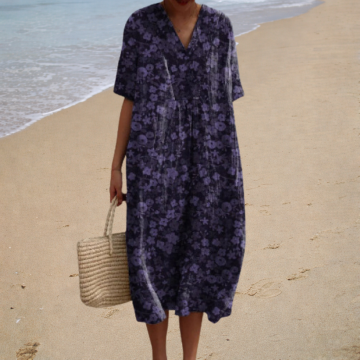 Floral summer dress with V-neck and short sleeves, dark purple floral print, loose fit
