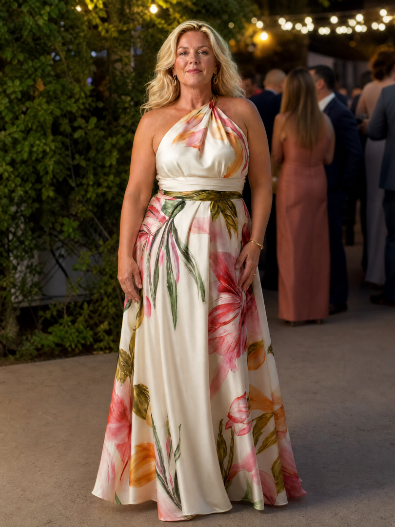 Ivory halter maxi dress with multicolor floral print and satin halter bodice, long skirt