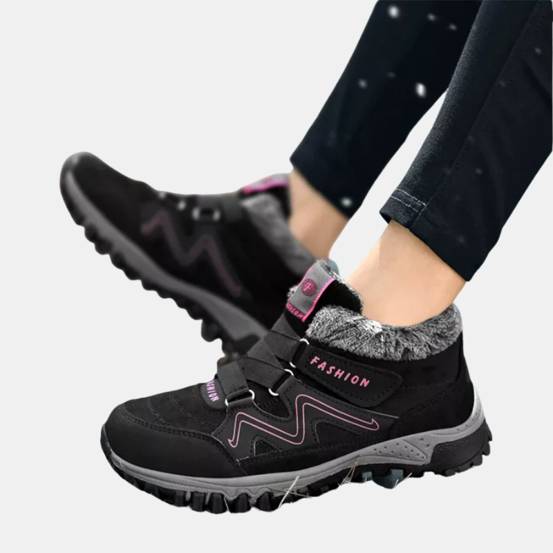 Black orthopedic shoes with hook-and-loop straps and padded fuzzy collar