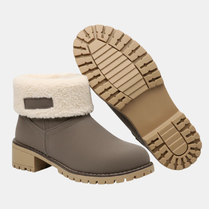 Women’s gray-brown ankle boots with sherpa cuff and rubber tread sole with block heel