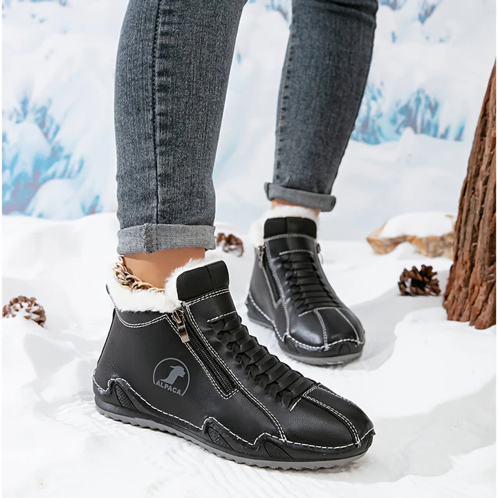 Black ergonomic boots with side zipper and white faux-fur cuff lining