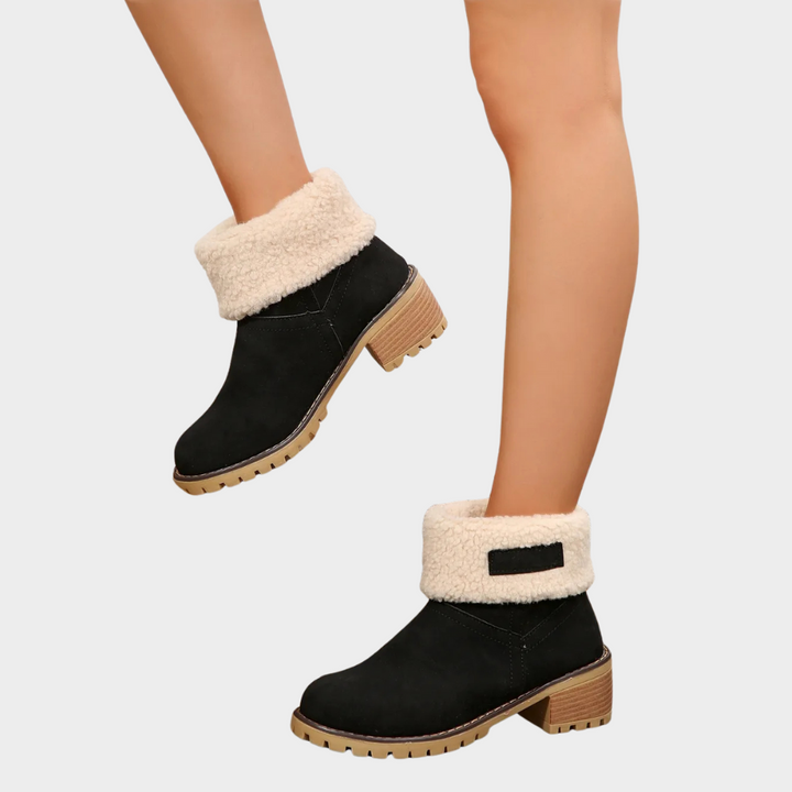 Black winter boots with sherpa cuff strap, tan block heel, lug sole.