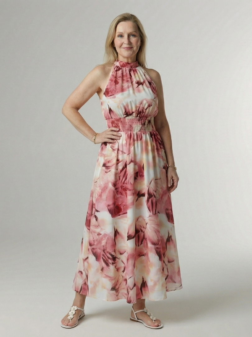 Gathered halter midi dress in pink abstract print with smocked waist and sleeveless halter