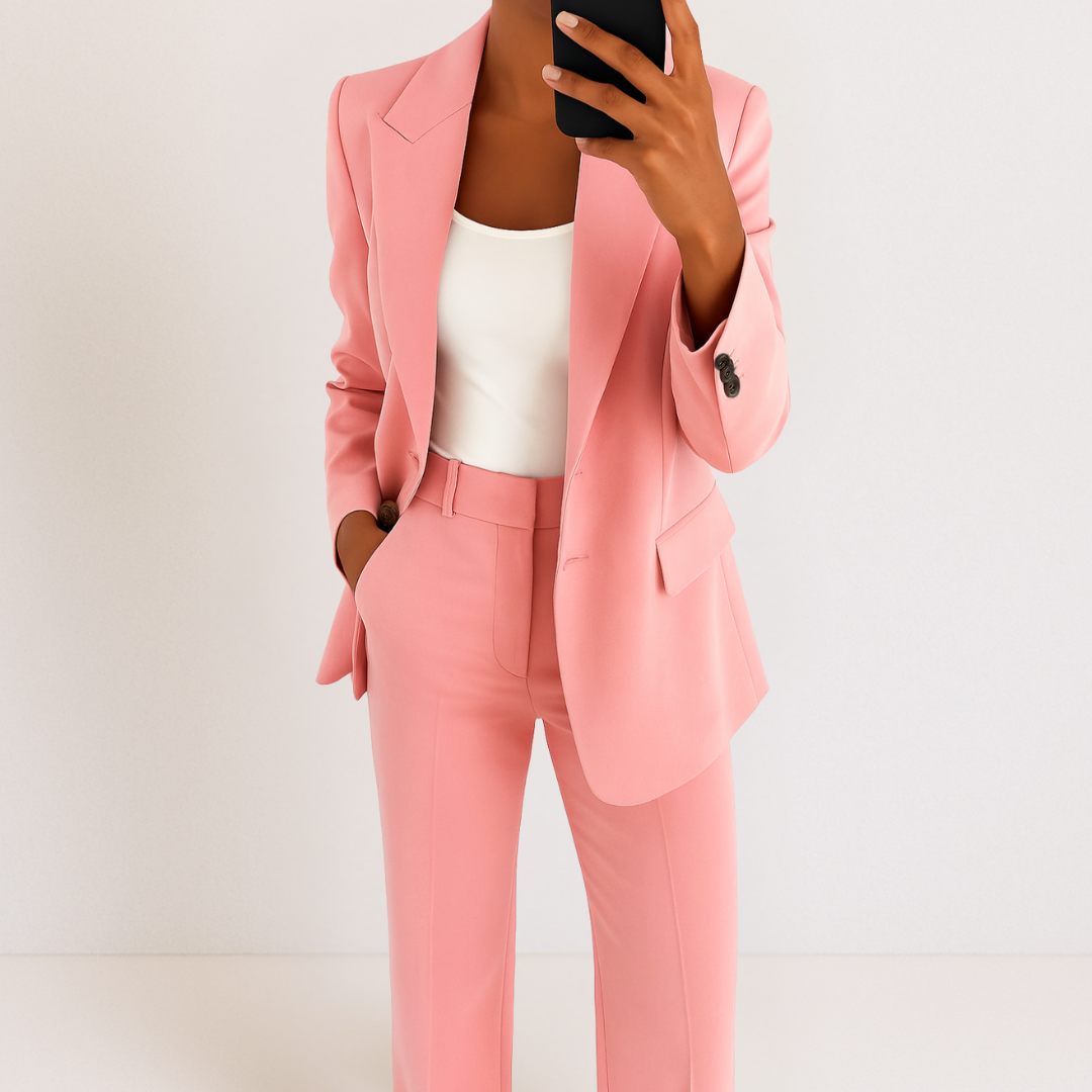 Pink two-piece suit set with tailored blazer and matching trousers, notched lapel and flap pockets.