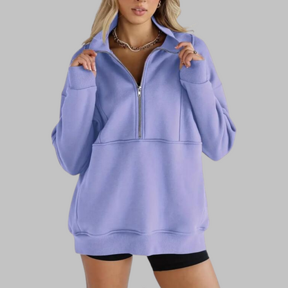 Light purple oversized half-zip sweatshirt with front zipper and kangaroo pocket, ribbed hem