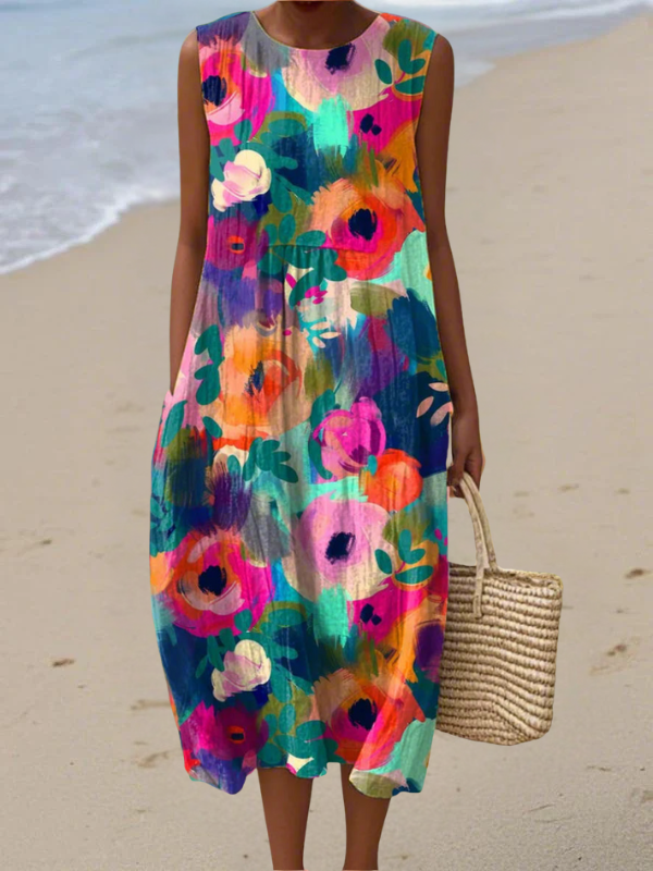 Sleeveless multicolor floral midi dress with round neckline