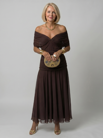 Off-shoulder flow midi dress in dark maroon with ruched twist bodice and layered skirt