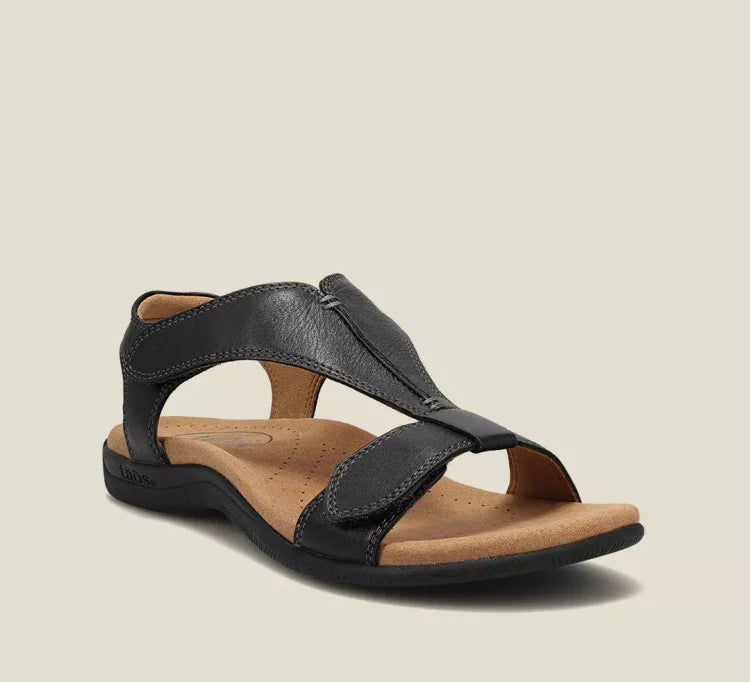 Black orthopedic sandals with open toe and two straps
