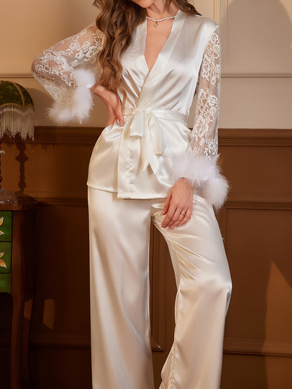 White lace-trim satin pajama set with fuzzy cuffs, V-neck wrap top and matching wide pants