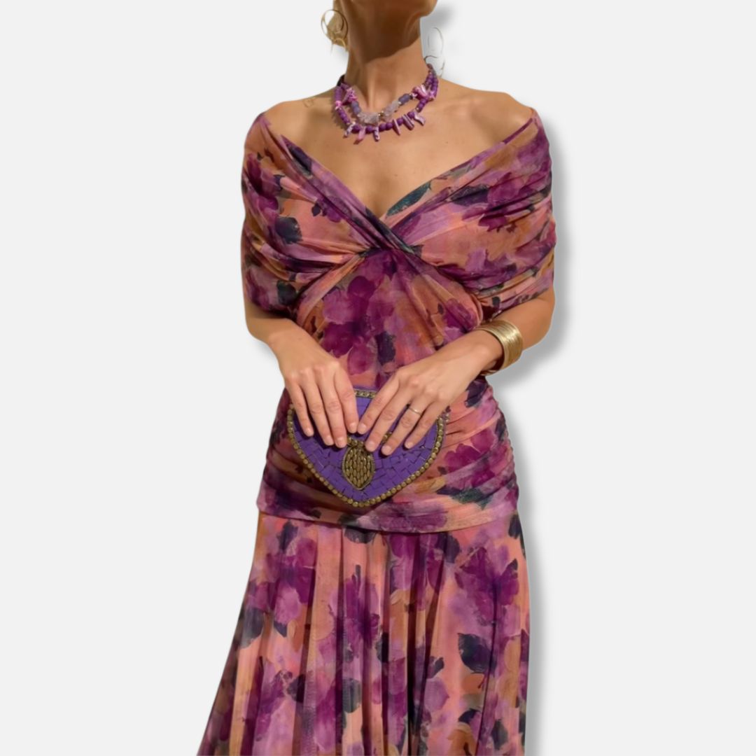Purple and orange floral dress with twisted off-shoulder V-neck and ruched front