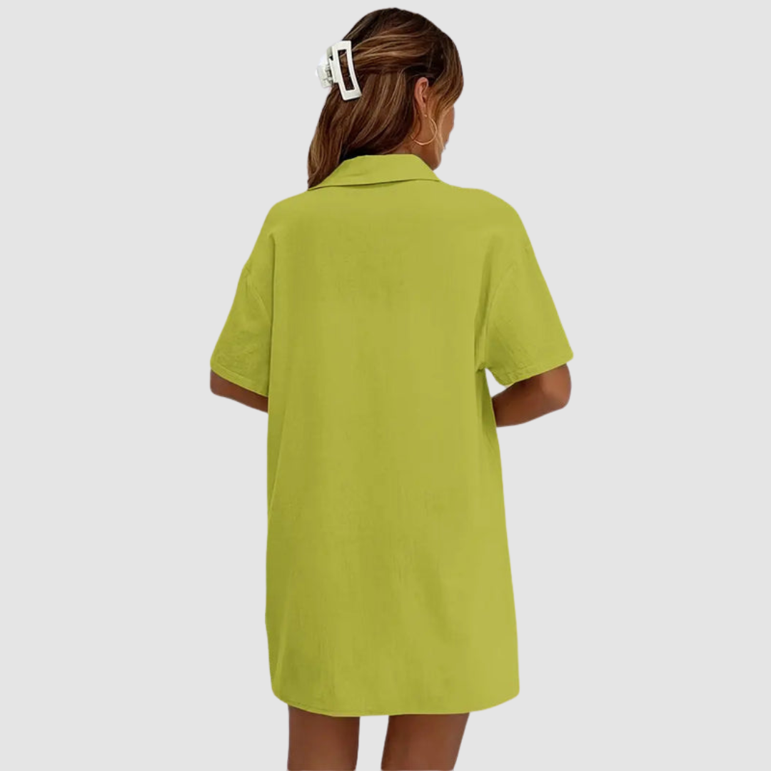Two-piece summer set with button-up top and drawstring shorts, lime green