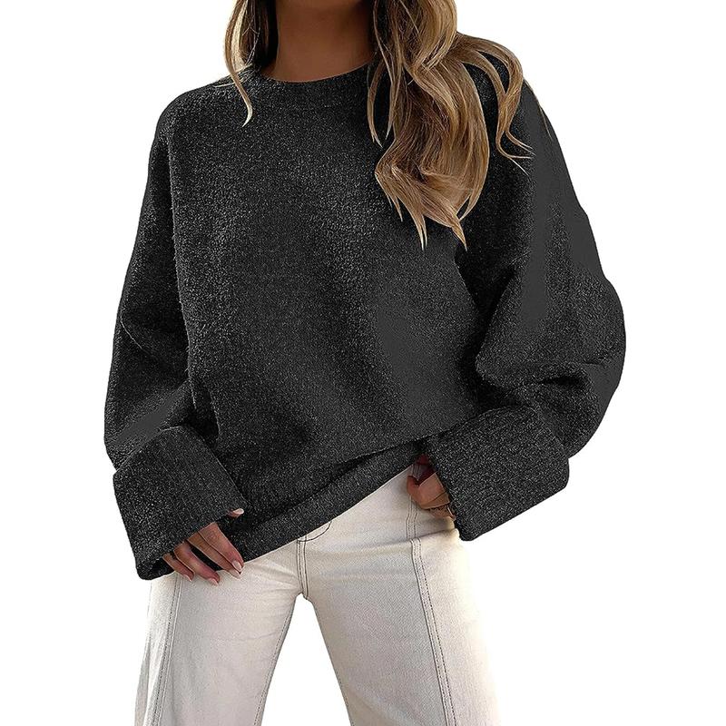 Black crewneck long-sleeve pullover sweater with ribbed cuffs and hem