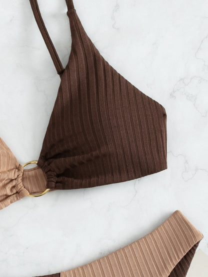 Two-tone ribbed high-leg bikini bottom and strap, dark brown ribbed fabric