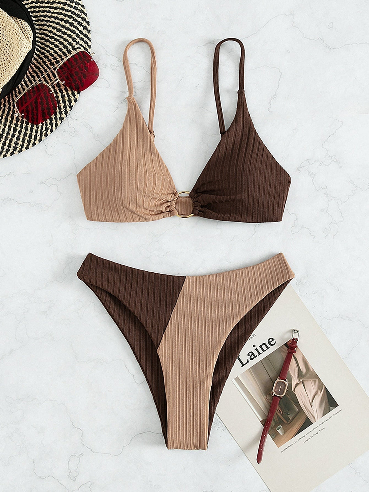 Two-tone ribbed high-leg bikini set, beige and dark brown, ring-front triangle top