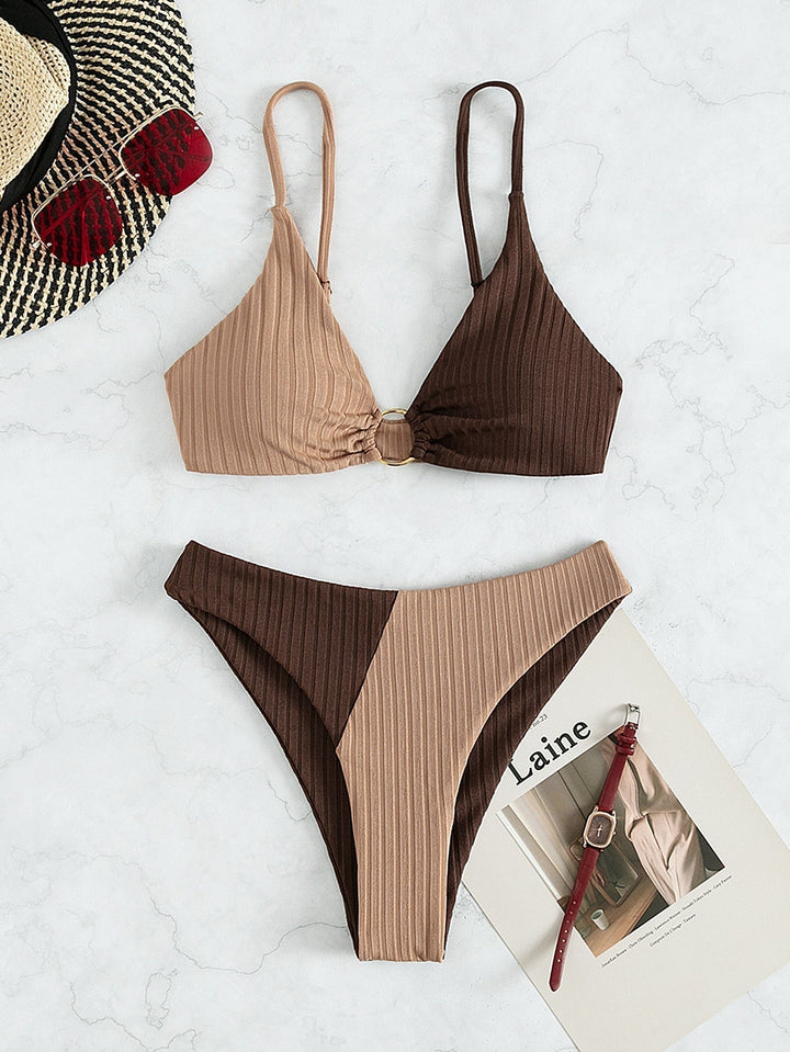 Two-tone ribbed high-leg bikini set, beige and dark brown, ring-front triangle top