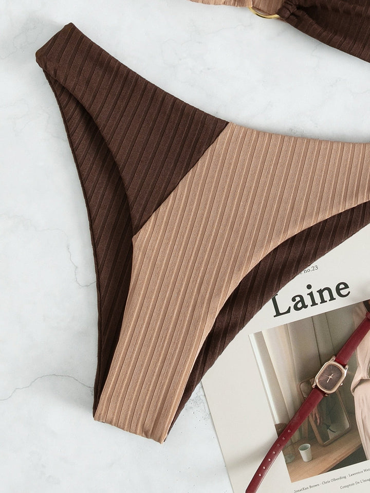 Two-tone ribbed high-leg bikini bottom, beige and dark brown with ring detail