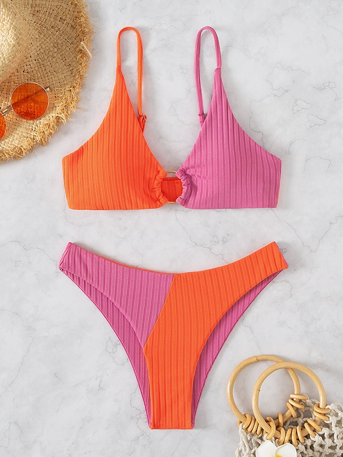 Two-piece ribbed high-leg bikini set, orange and pink two-tone with ring front