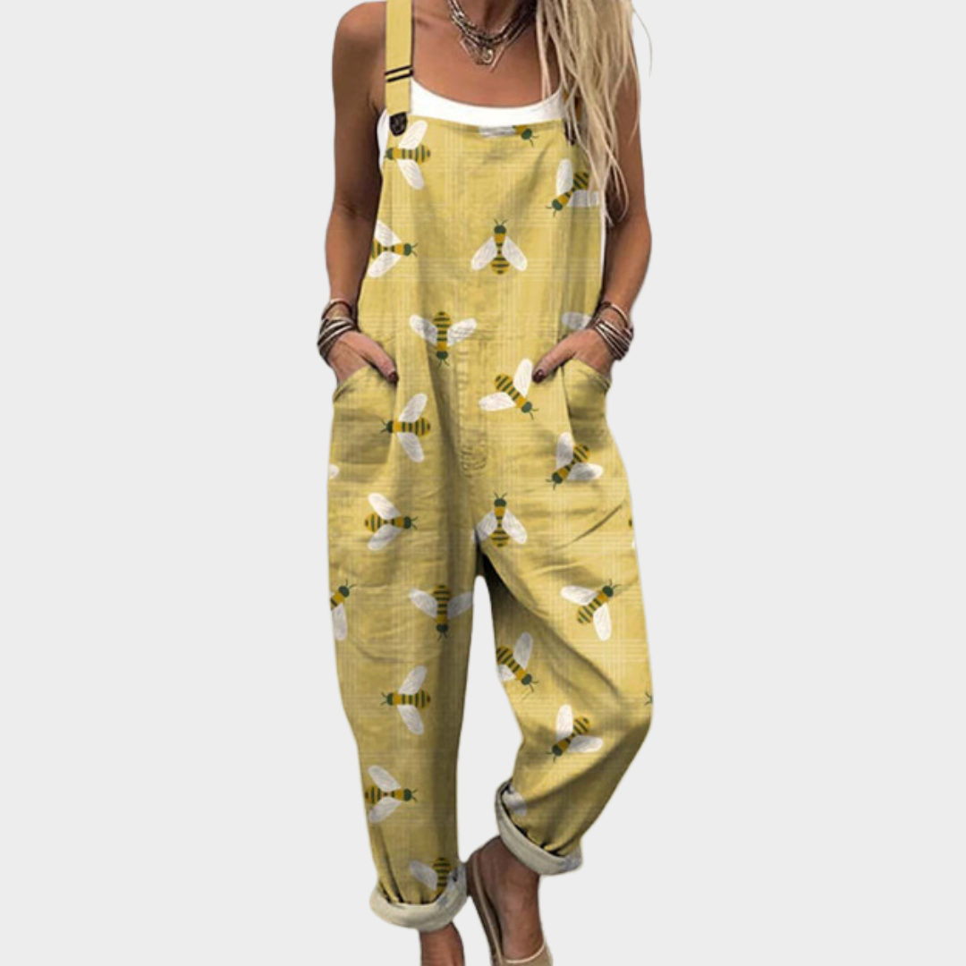 Yellow printed bee overalls, sleeveless bib front, wide-leg pants