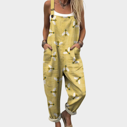 Yellow printed bee overalls, sleeveless bib front, wide-leg pants