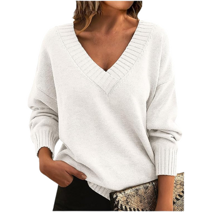 Lightweight V-neck sweater, white knit with ribbed V-neck and cuffs