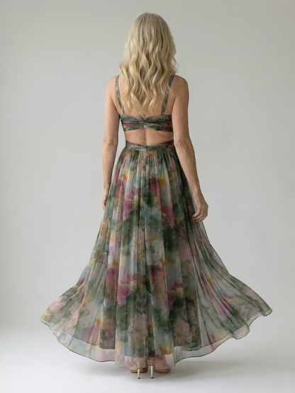 Maxi wrap dress back view, sleeveless V-neck twist-front, multicolor green-pink print
