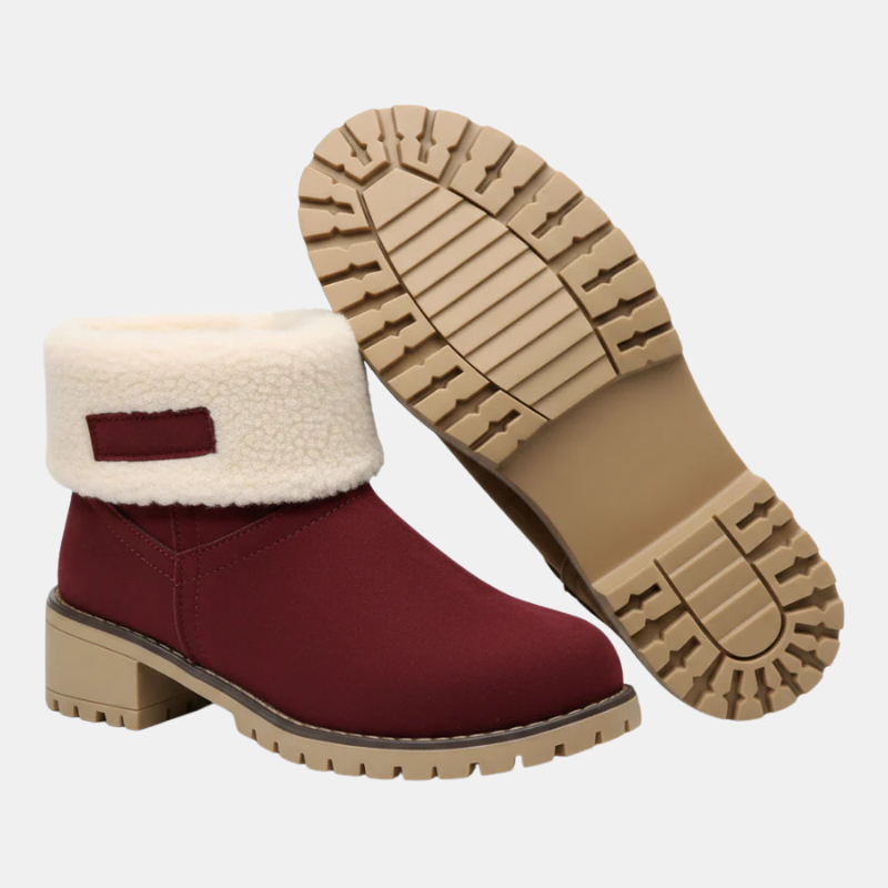 Women’s burgundy ankle boots with sherpa cuff and rugged tread sole with block heel