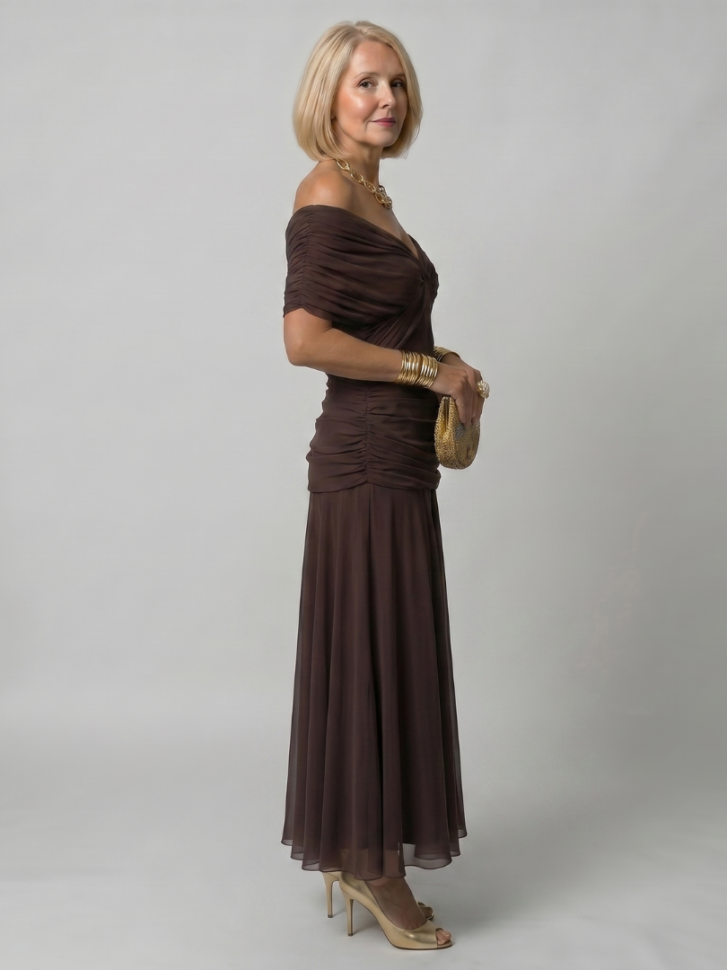 Off-shoulder flow midi dress in dark maroon with ruched twist bodice and flowing chiffon skirt