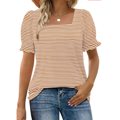 Women’s striped ruffle-sleeve top, orange and white horizontal stripes