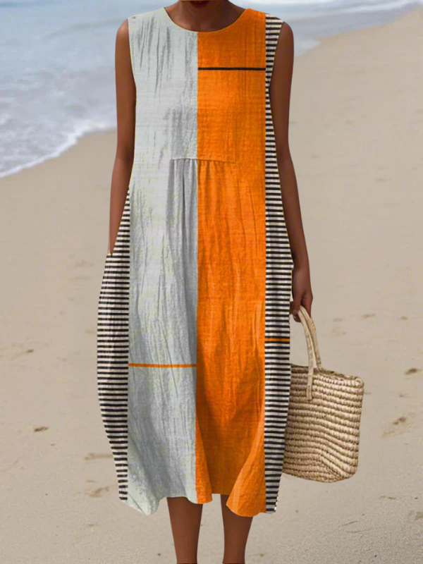Multicolor colorblock midi dress, sleeveless with orange, white, and black striped side panels