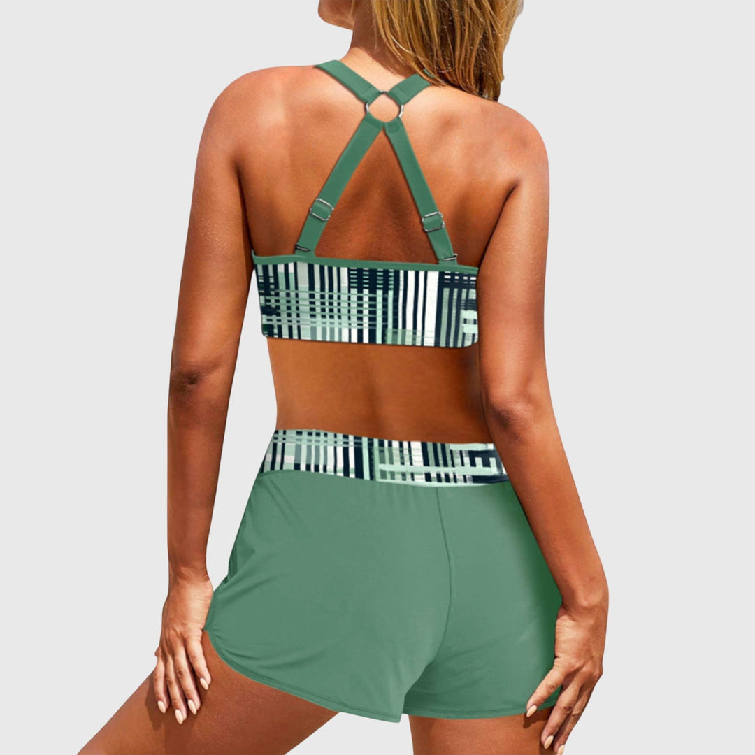 Green ribbed high-waisted bikini set, racerback striped bra and matching drawstring shorts