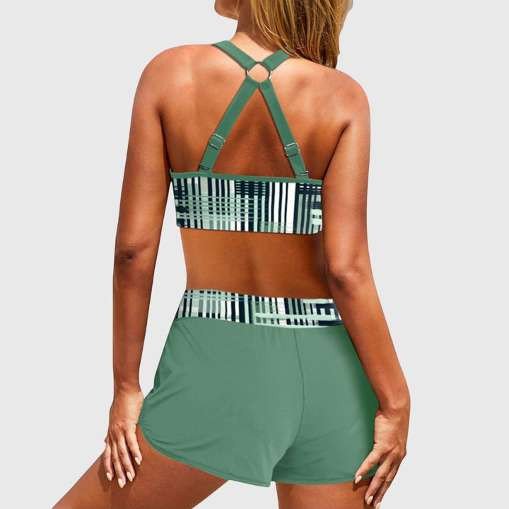 Green ribbed high-waisted bikini set, racerback striped bra and matching drawstring shorts