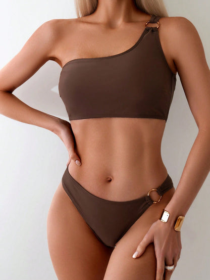 Brown one-shoulder bikini set with ring detail at neckline and side of bottom