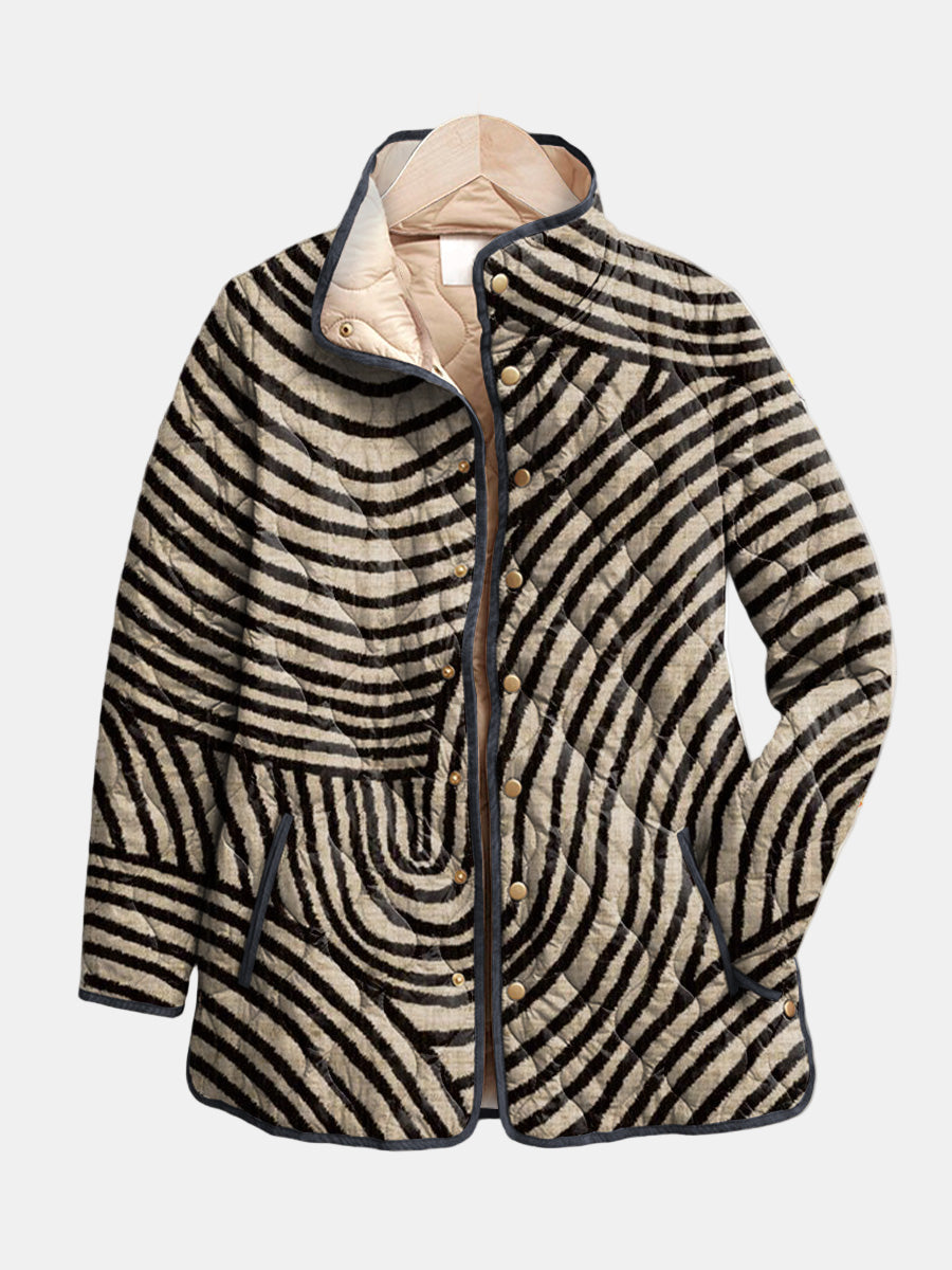 Quilted jacket with black-and-cream stripe pattern, front button placket, stand collar