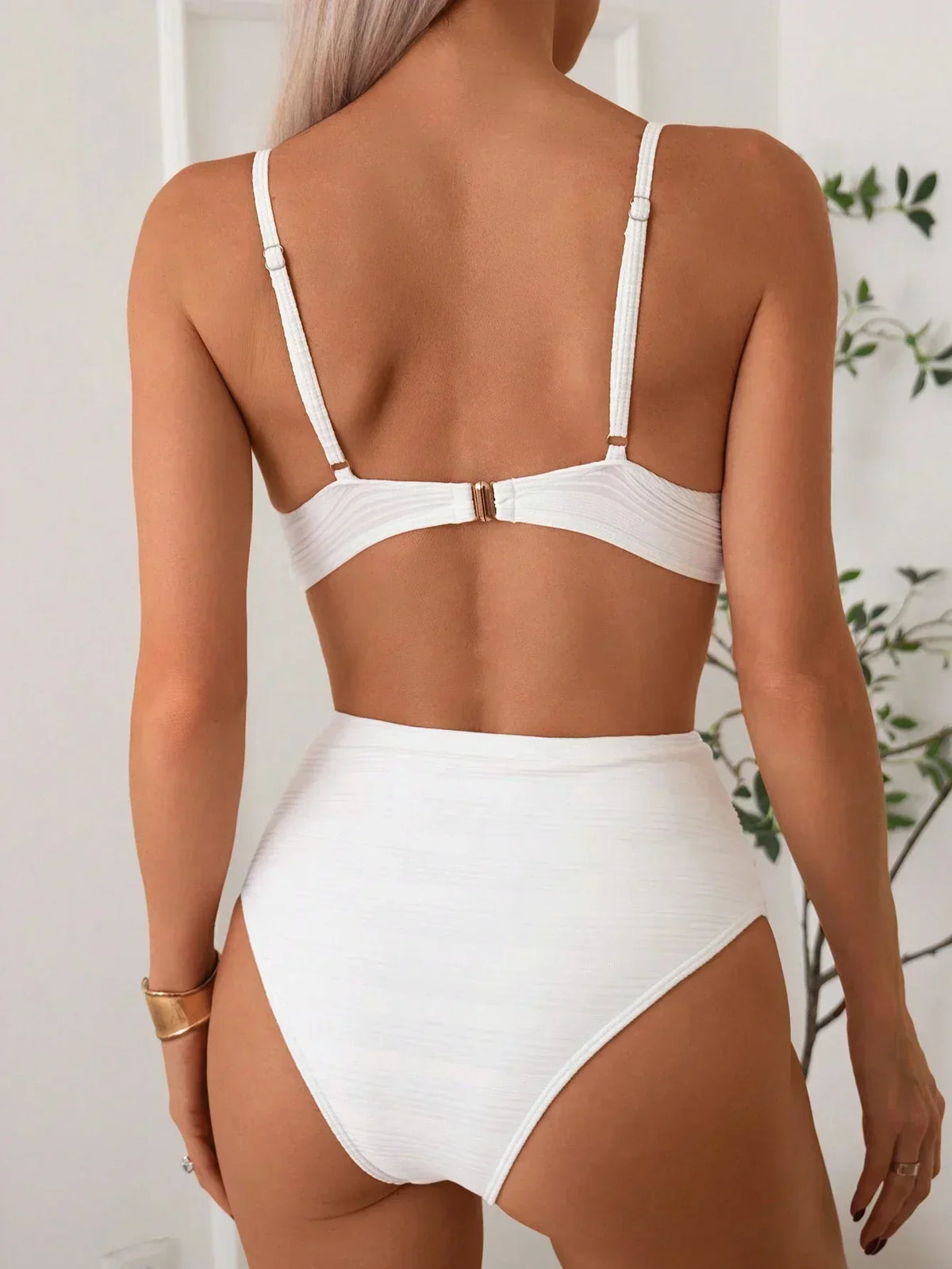 White high-support crossed bikini top and high-waist briefs set, back view