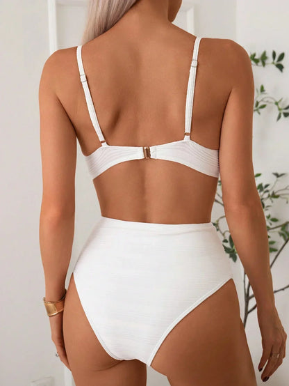 White high-support crossed bikini top and high-waist briefs set, back view