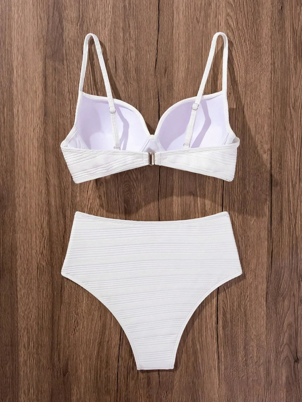 White bikini set with bikini top and high-waist briefs, clasp front