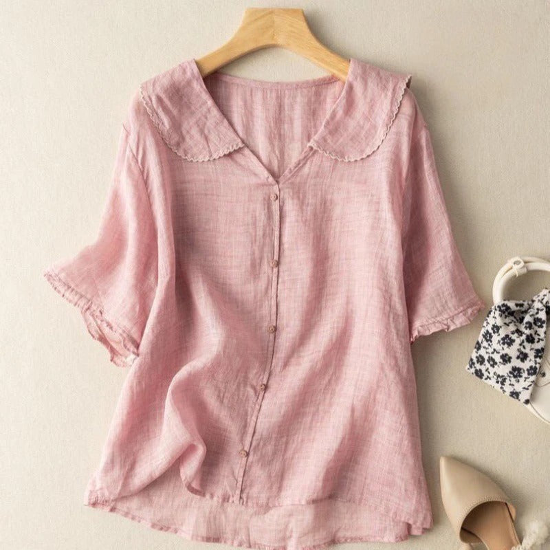 Pink Women's blouse with scalloped collar, button-front, short sleeves