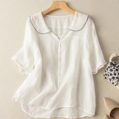 White Women's blouse with scalloped collar, button-front, short sleeves