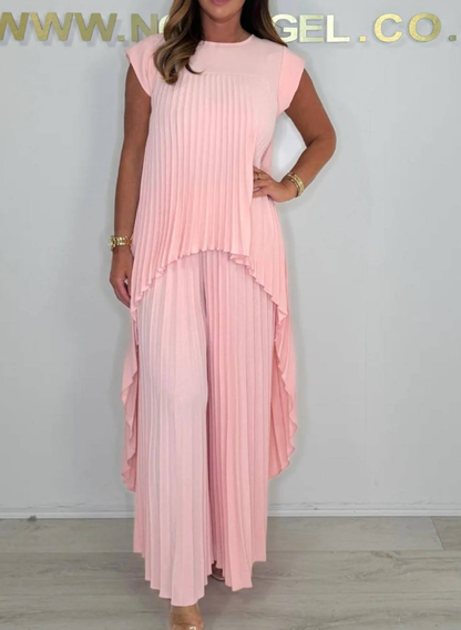 Pink pleated top and wide-leg pants set with sleeveless tiered overlay