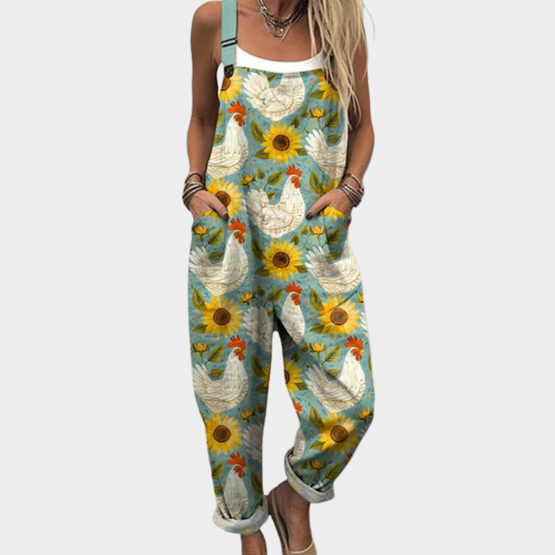 Sleeveless printed overalls with sunflower and rooster pattern, front bib and pockets
