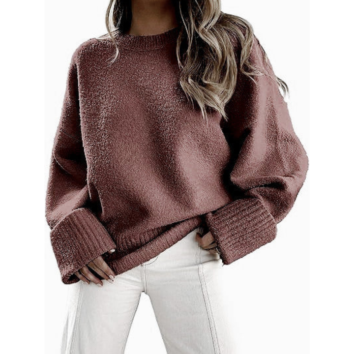 Brown fuzzy knit pullover sweater with crew neck and ribbed cuffs, oversized fit